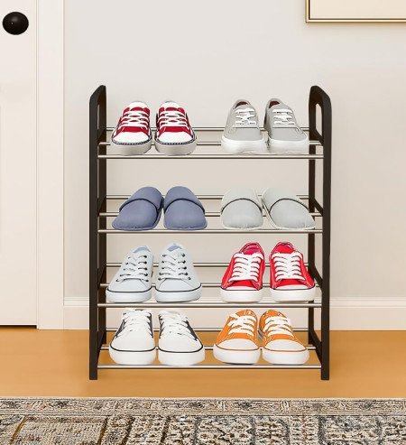 4 Tier Plastic Shoe Rack for Home | Sturdy Steel Pipe Shoe Stand Shelves Portable Shoe Rack Space Saving Shoe Organizer for