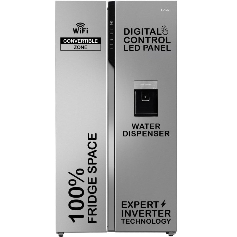 Haier 596 L 3 Star Frost Free Expert Inverter Smart Sense AI enabled 2-Door Side by Side Refrigerator (HRS-682SWDU1, Shiny