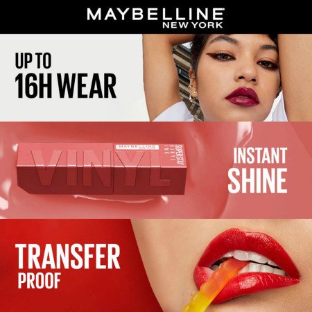 Maybelline Liquid Lipstick, High Shine Gloss, Lasts for 16 HRs, Enriched With Vitamin E & Aloe, SuperStay Vinyl Ink, Lippy,