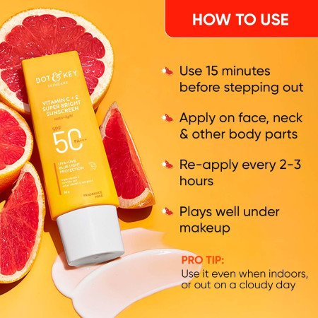 DOT & KEY Vitamin C + E Super Bright Sunscreen Spf 50|Water-Light,UVA/UVB & Blue Light Protection|For Even Toned & Glowing