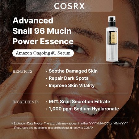 COSRX Snail Mucin 96% Power Repairing Essence 3.38 fl.oz 100ml, Hydrating Serum for Face with Snail Secretion Filtrate for Dull