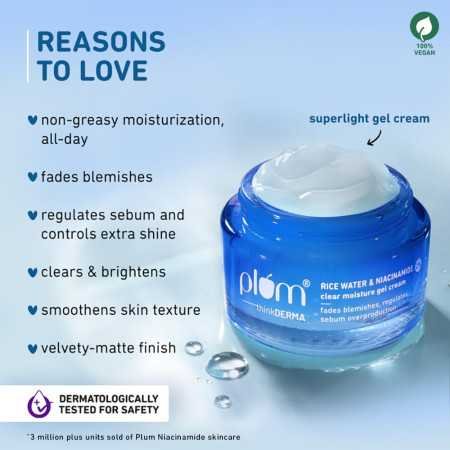 Plum 2% Niacinamide & Rice Water Super Light Gel Cream Moisturizer for Face | Oil-Free Hydration | Brightens, Fades Blemishes |