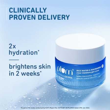 Plum 2% Niacinamide & Rice Water Super Light Gel Cream Moisturizer for Face | Oil-Free Hydration | Brightens, Fades Blemishes |