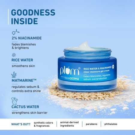 Plum 2% Niacinamide & Rice Water Super Light Gel Cream Moisturizer for Face | Oil-Free Hydration | Brightens, Fades Blemishes |