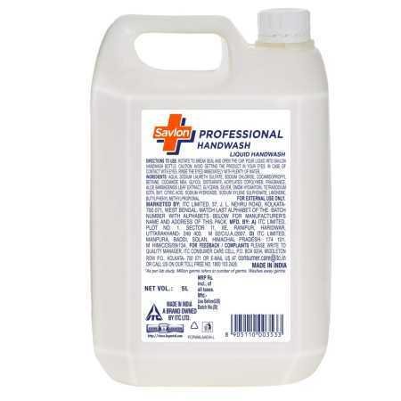 Savlon Professional Germ Protection Liquid Handwash, 5 L Handwash Refill, 99.9% Germ Protection, Paraben Free, Dermatologically