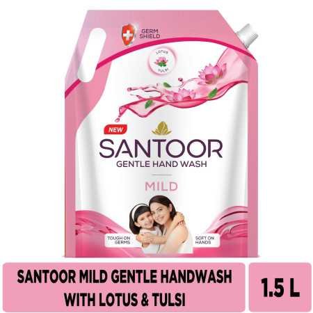 Santoor Mild Gentle Hand Wash 1500ml with Goodness of Lotus & Tulsi| Rich Lathering Formula with Anti-Bacterial Properties| Soft