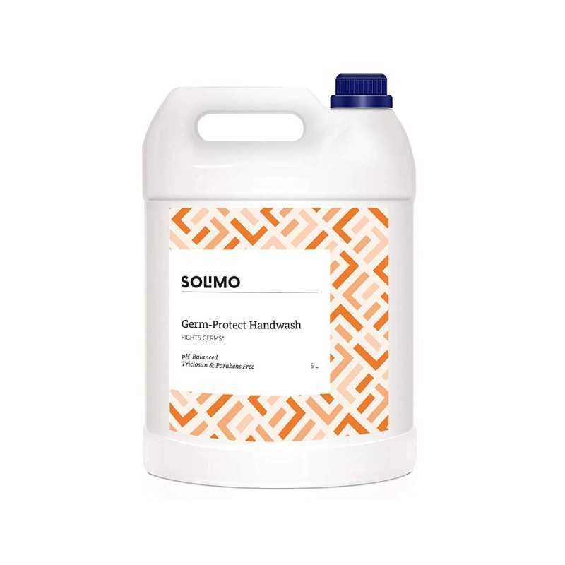 Amazon Brand - Solimo Handwash Liquid Refill Can 5 Litre | Antibacterial germ-protect | Advanced Disinfection Formula| pH