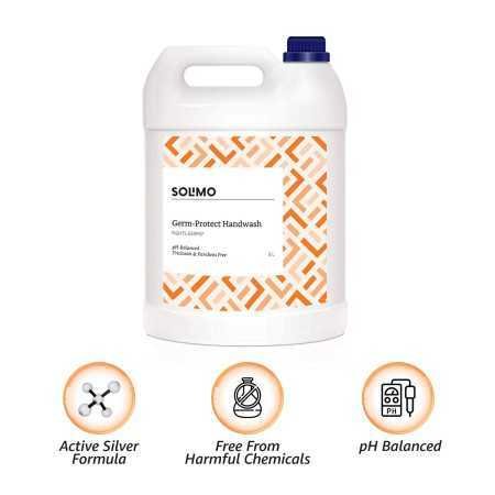 Amazon Brand - Solimo Handwash Liquid Refill Can 5 Litre | Antibacterial germ-protect | Advanced Disinfection Formula| pH
