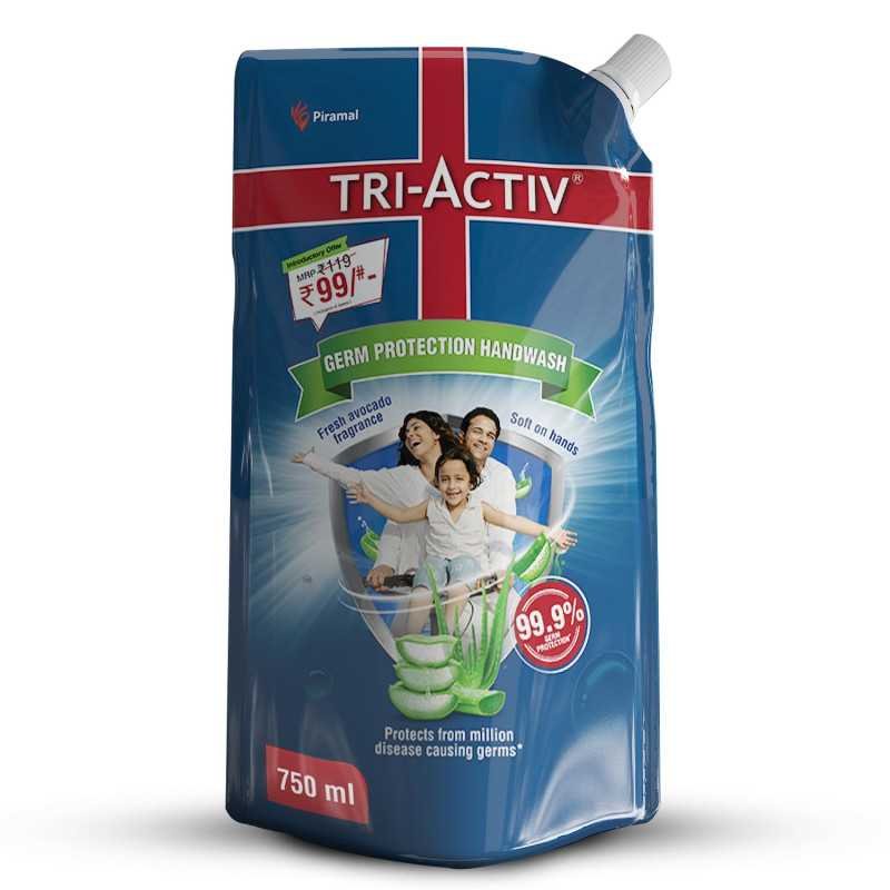 Tri-Activ Germ Protection Handwash Refill | Hand wash Refill packs 750ml with Aloevera & Avocado fragrance | Keeps hands soft &