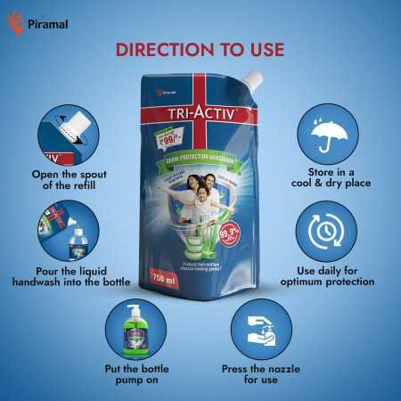 Tri-Activ Germ Protection Handwash Refill | Hand wash Refill packs 750ml with Aloevera & Avocado fragrance | Keeps hands soft &