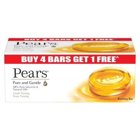 Pears Pure & Gentle Soap Bar (Buy 4 get 1 free) - With Glycerin for Soft, Glowing Skin & Body, Paraben-Free Body Soaps For Bath