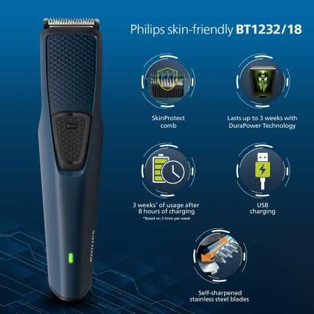 Philips Battery Powered SkinProtect Beard Trimmer for Men - Lasts 4x Longer, DuraPower Technology, Cordless Rechargeable with