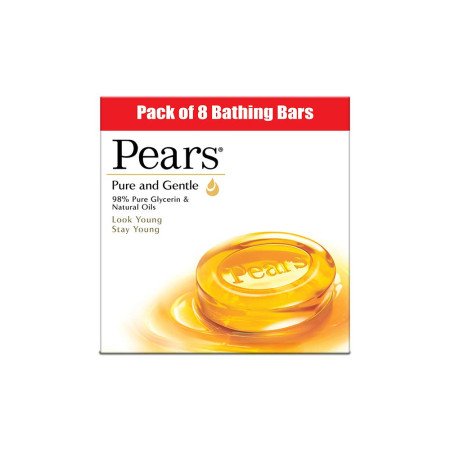 Pears Pure & Gentle Soap Bar (Combo Pack of 8) - With Glycerin for Soft, Glowing Skin & Body, Paraben-Free Body Soaps For Bath