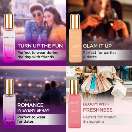Bella Vita Luxury Woman Eau De Parfum Gift Set 4x20 ml for Women with Date, Senorita, Glam, Rose Perfume|Floral, Fruity Long Bella Vita Luxury Woman Eau De Parfum Gift Set 4x20 ml for Women with Date, Senorita, Glam, Rose Perfume|Floral, Fruity Long