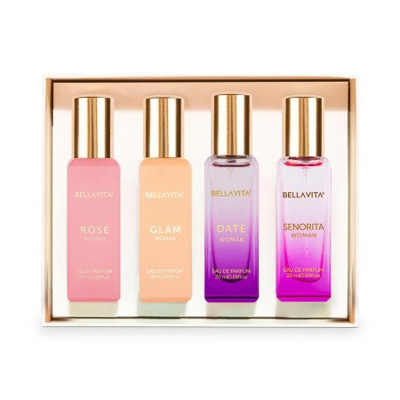 Bella Vita Luxury Woman Eau De Parfum Gift Set 4x20 ml for Women with Date, Senorita, Glam, Rose Perfume|Floral, Fruity Long Bella Vita Luxury Woman Eau De Parfum Gift Set 4x20 ml for Women with Date, Senorita, Glam, Rose Perfume|Floral, Fruity Long