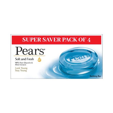 Pears Soft and Fresh Soap Bar (Combo Pack of 4) - With Glycerin and Mint for Soft Skin & Body, Paraben-Free Body Soaps For Bath