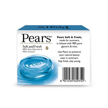 Pears Soft and Fresh Soap Bar (Combo Pack of 4) - With Glycerin and Mint for Soft Skin & Body, Paraben-Free Body Soaps For Bath