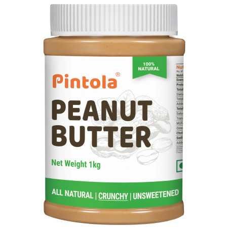 Pintola All Natural Peanut Butter Crunchy 1kg | Unsweetened | 30g Protein | Vegan Peanut Butter, 100% Pure Roasted Peanuts | Non