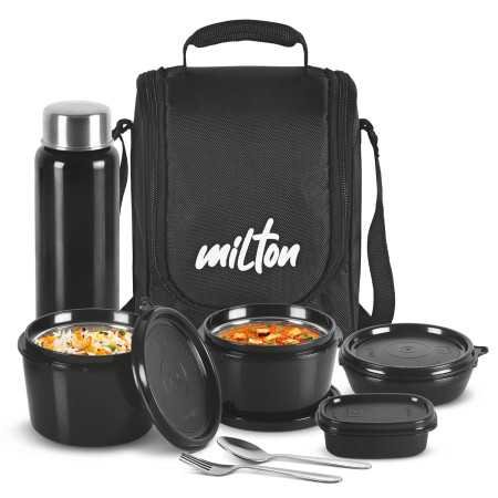 Milton Pro Lunch Tiffin (3 Microwave Safe Inner Steel Containers, 180/320/450 ml 1 Plastic Chutney Dabba,100 ml 1 Aqua Steel