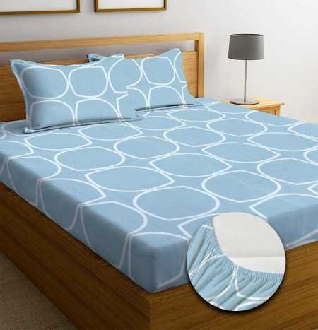 NEW LEAF Premium Cotton Elastic Fitted Bedsheets with 2 King Size Pillow Covers Double Bed with All Around Elastic Supersoft