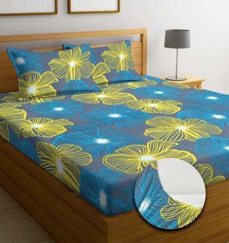 NEW LEAF Premium Cotton Elastic Fitted Bedsheets with 2 King Size Pillow Covers Double Bed with All Around Elastic Supersoft