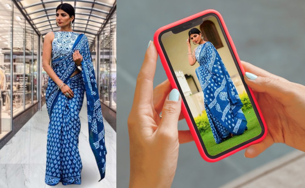 Womens Ikat Hand Block Print Jaipuri Cotton Mulmul Saree with Blouse Piece, SPN-RECPP