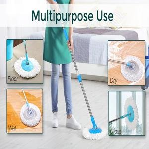 Multipurpose 360° spin mop with blue handle and microfiber head, suitable for floor, wet, dry