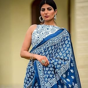 Womens Ikat Hand Block Print Jaipuri Cotton Mulmul Saree with Blouse Piece, SPN-RECPP