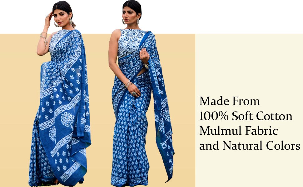 Womens Ikat Hand Block Print Jaipuri Cotton Mulmul Saree with Blouse Piece, SPN-RECPP