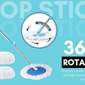 Blue 360° spin mop with stainless steel handle and microfiber mop heads, showing rotation feature