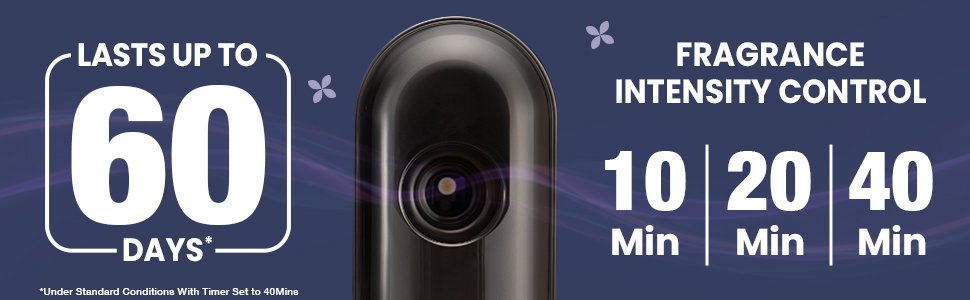 Lasts up to 60 Days; control fragrance by switching between 3 options - 10 amin, 20 min and 40 min