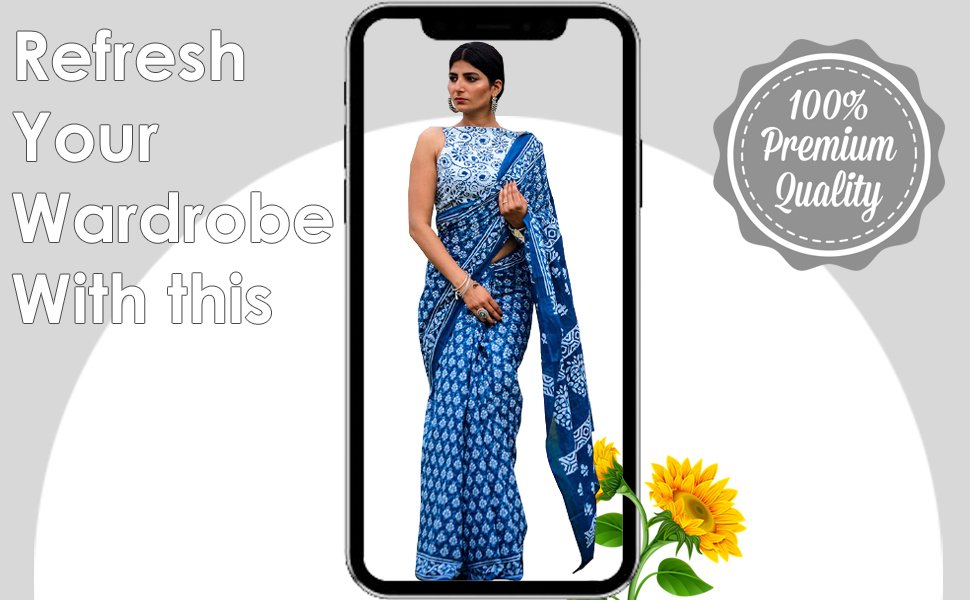 Womens Ikat Hand Block Print Jaipuri Cotton Mulmul Saree with Blouse Piece, SPN-RECPP